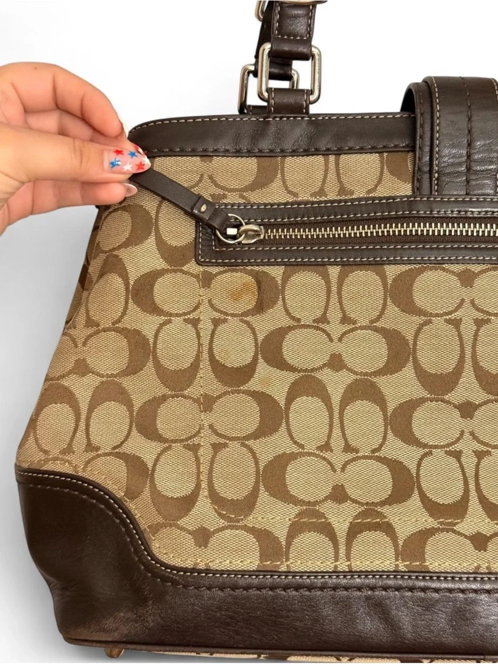 Coach Brown Signature Canvas Shoulder Bag with Dark Brown Trim